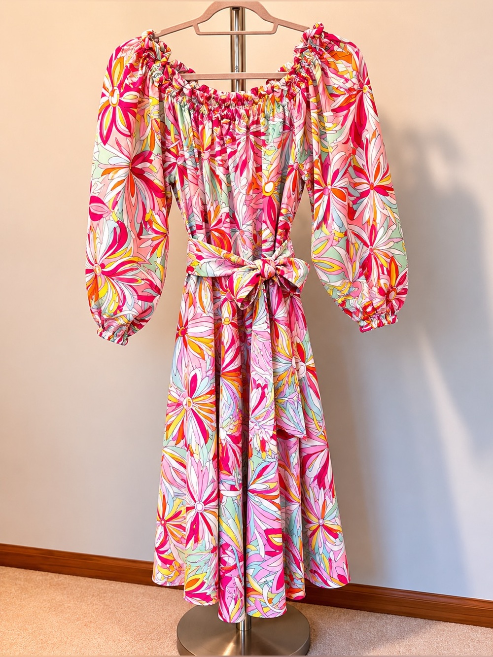 Retro Floral Off Shoulder Tie Waist Dress Pink Multi Color Size L